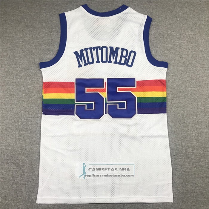 Camiseta Denver Nuggets Dikembe Mutombo NO 55 Hardwood Classics Throwback Blanco